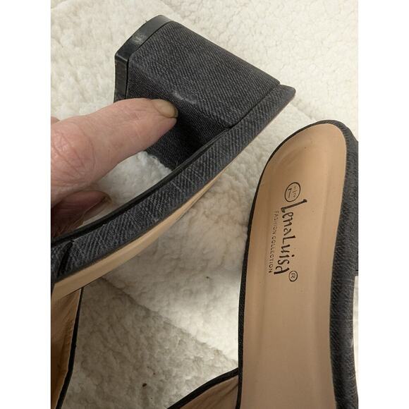 Ruffle Block Heel Denim Slide Sandals Sz 7.5 Lena Luisa - Picture 13 of 13